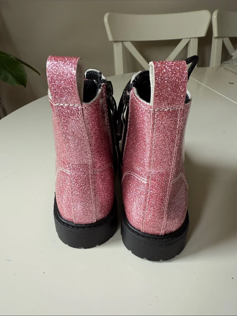 Kids Glitter Pink Lace-Up Combat Boots with Side Zip. (New without tags)